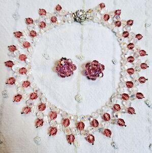 Vintage 1950s Cut Glass Choker And Clip-on Earring Set
